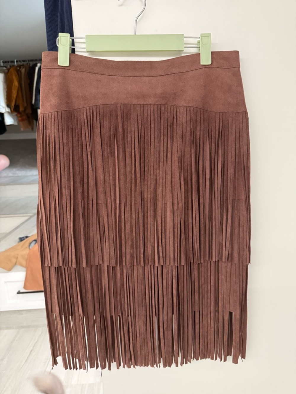 BCBG Fringe Faux Suede Midi Skirt - Brown NWOT